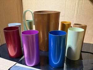 VTG MCM Anodized Aluminum Pitcher & 8 Tumbler Cups Set Colorful Barware Retro